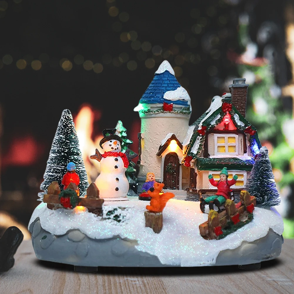 Christmas Village Set Accessories with LED Color Lights Kids Playing Figurine Christmas Resin House Ornaments Holiday Decor