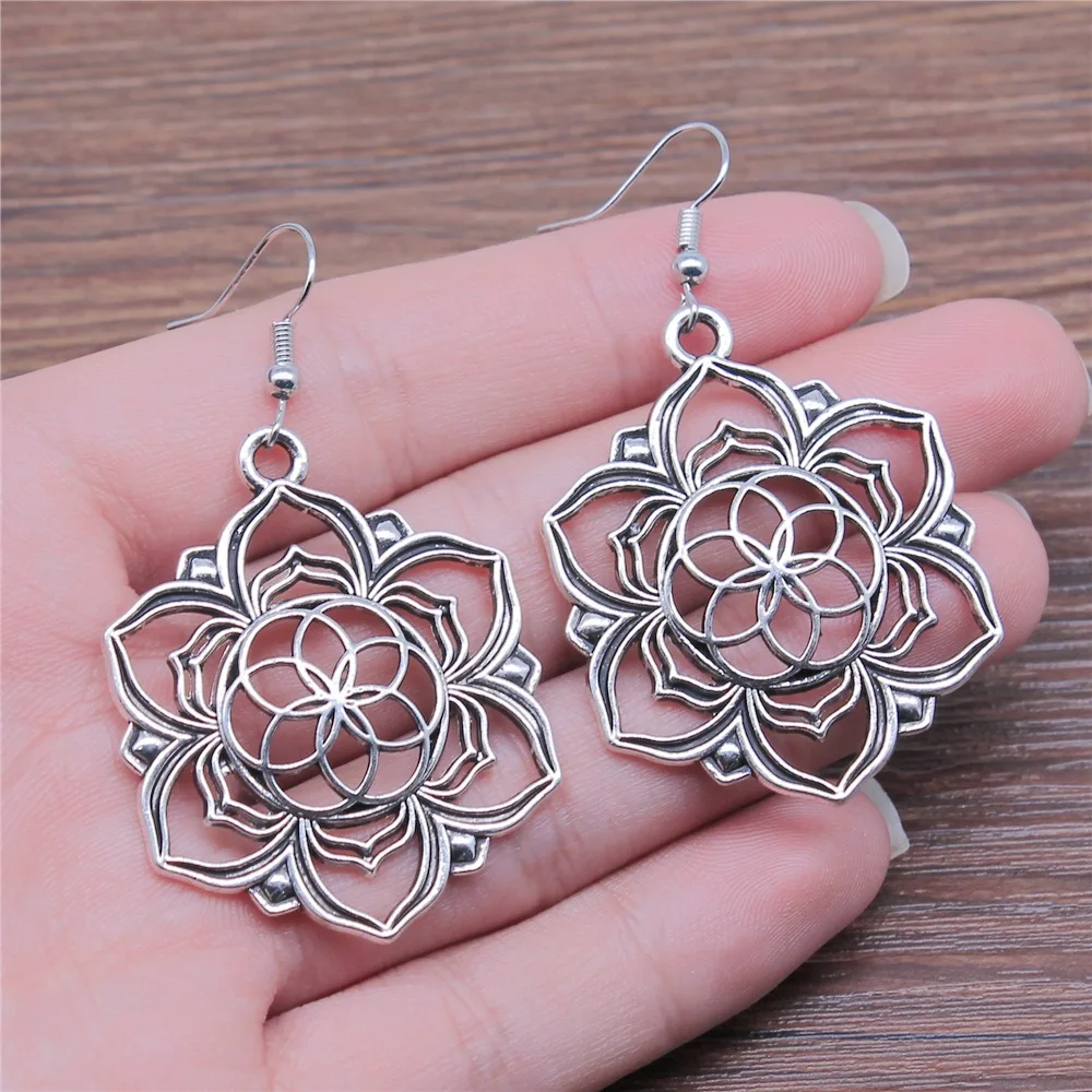 Fashion Handmade Antique Silver Color Flower Of Life Pendant Earrings Women Vintage Drop Earrings