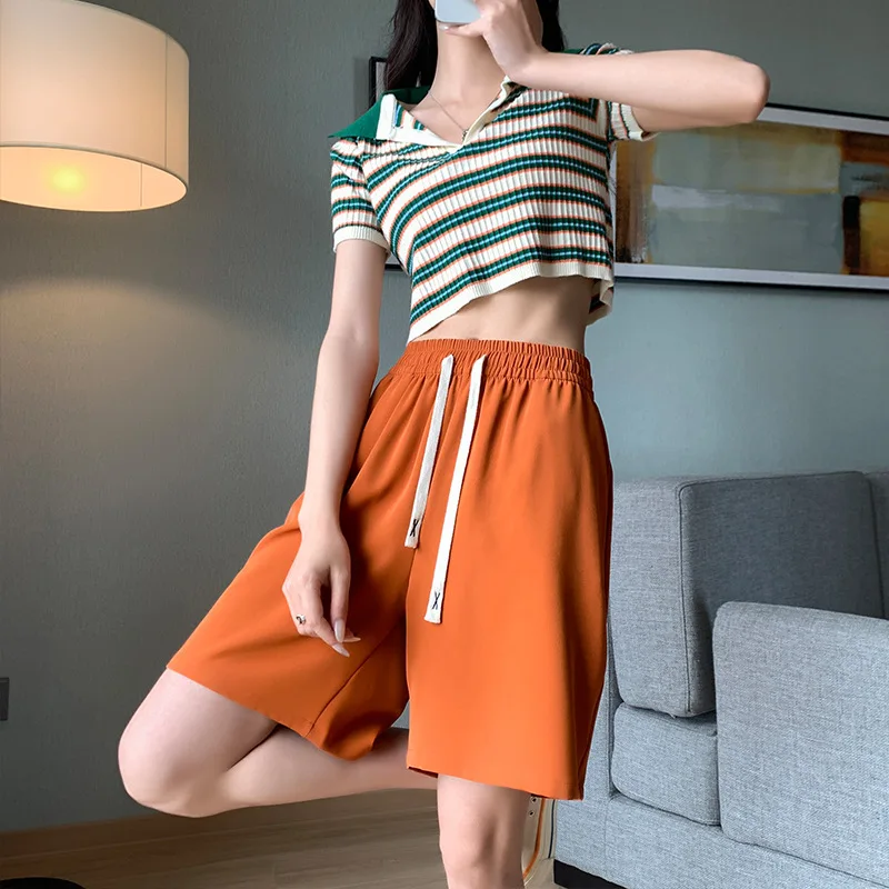 

High Waist Casual Sports Shorts Women, Loose Fit, Summer Thin Five-Point Shorts with Drawstring, Comfortable and Breathable,
