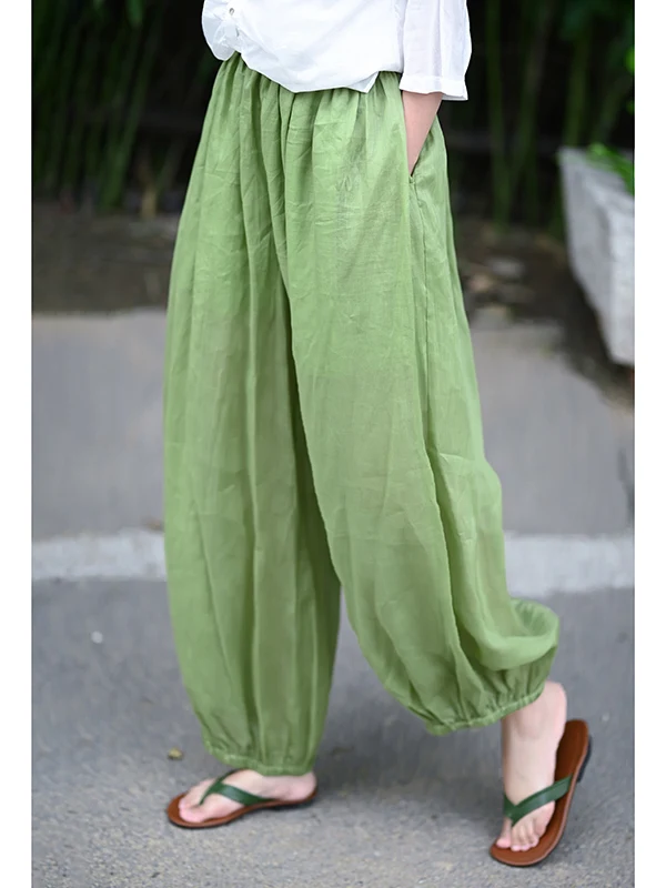 

Lightweight Pure Color Hemp Lantern Pants Loose Casual Summer High Waist Zen Meditation Loose Long Trousers for plus Size Women