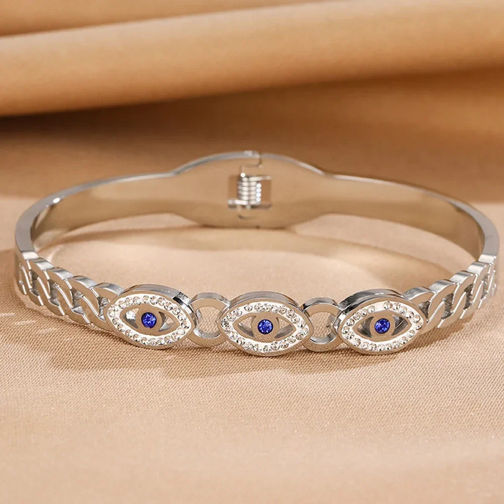 Fashion Stainless Steel Bracelet For Women Men Evil Eye Cuff Bangles Gold Plated Spring Buckle Lucky Amulet Jewelry Accessories