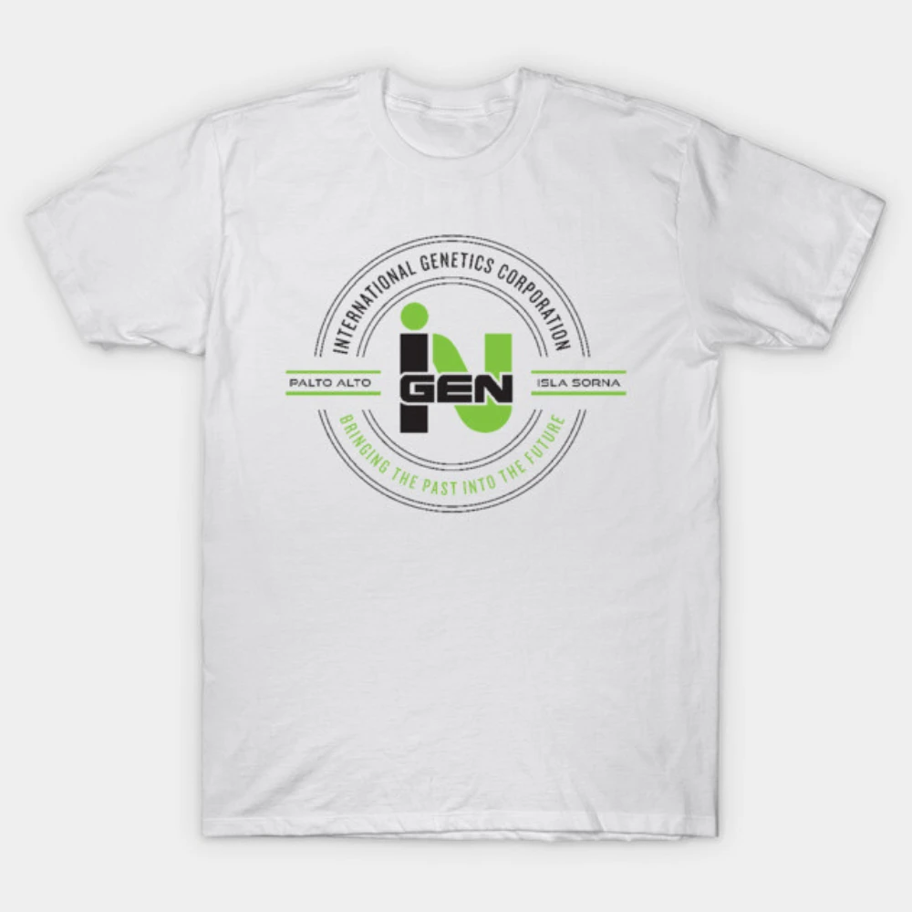 Camiseta blanca de algodón para hombre de InGen International Genetics Corporation, camiseta informal con logotipo circular de Jurassic Park para fanáticos de la película