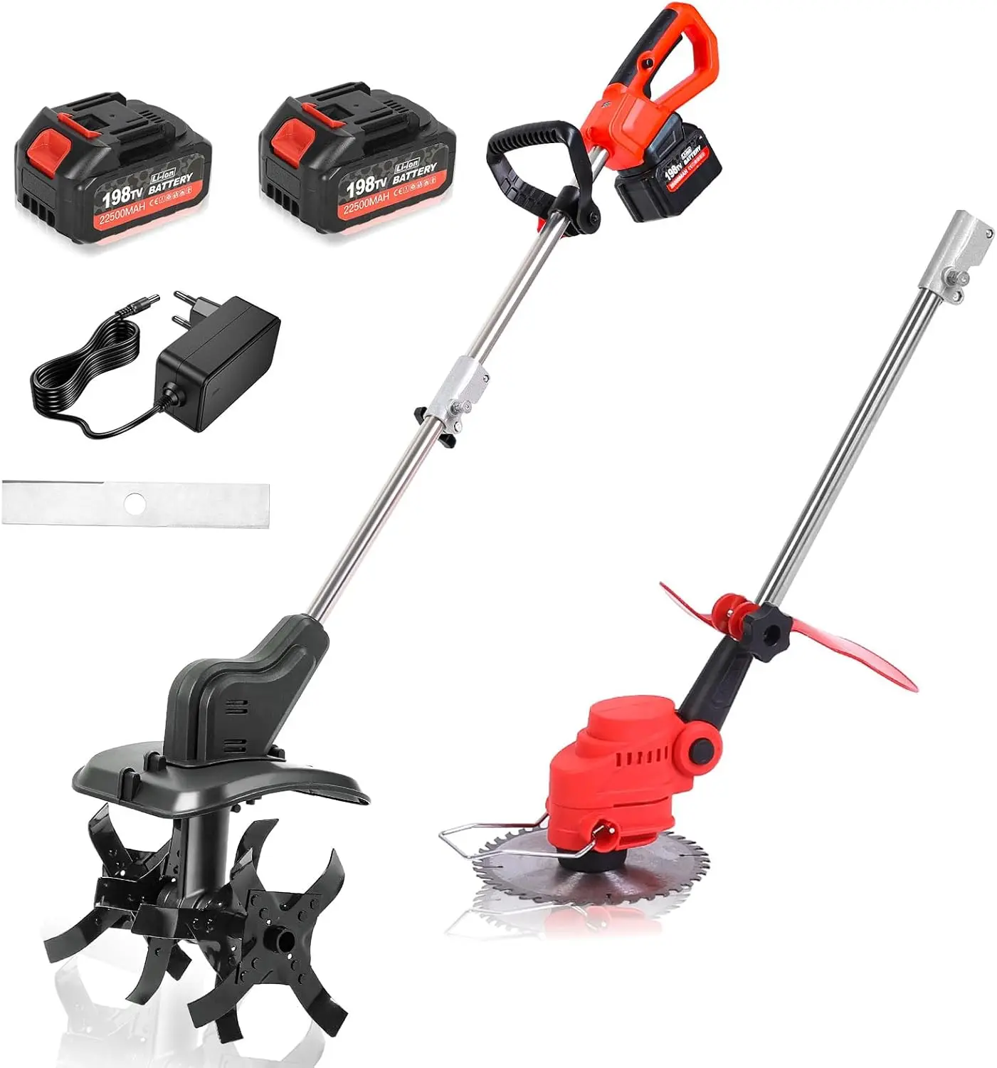 

21V Cordless 2-in-1 Tiller & Weed Whacker Combo | 12"x9" Rototiller, 4x4 Blades & 8" Trimmer - 2×21v Battery, 360 RPM for Garden