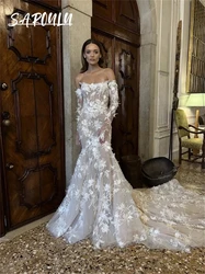 Floral Appliques Mermaid Wedding Dress With Long Court Train Off The Shoulder Full Sleeves Bridal Gown Modern Bride Dresses