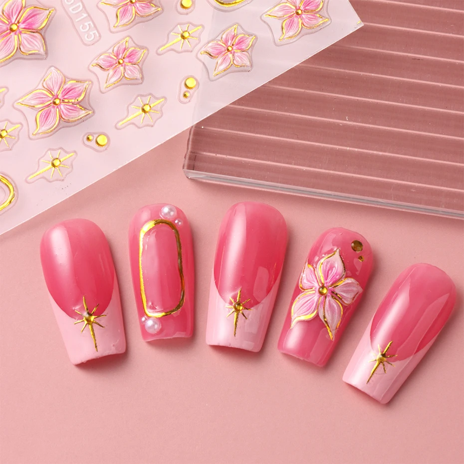 2 uds flor de hibisco en relieve pegatina artística para uñas flor rosa con anillo de Metal dorado encanto calcomanías autoadhesivas decoración de manicura