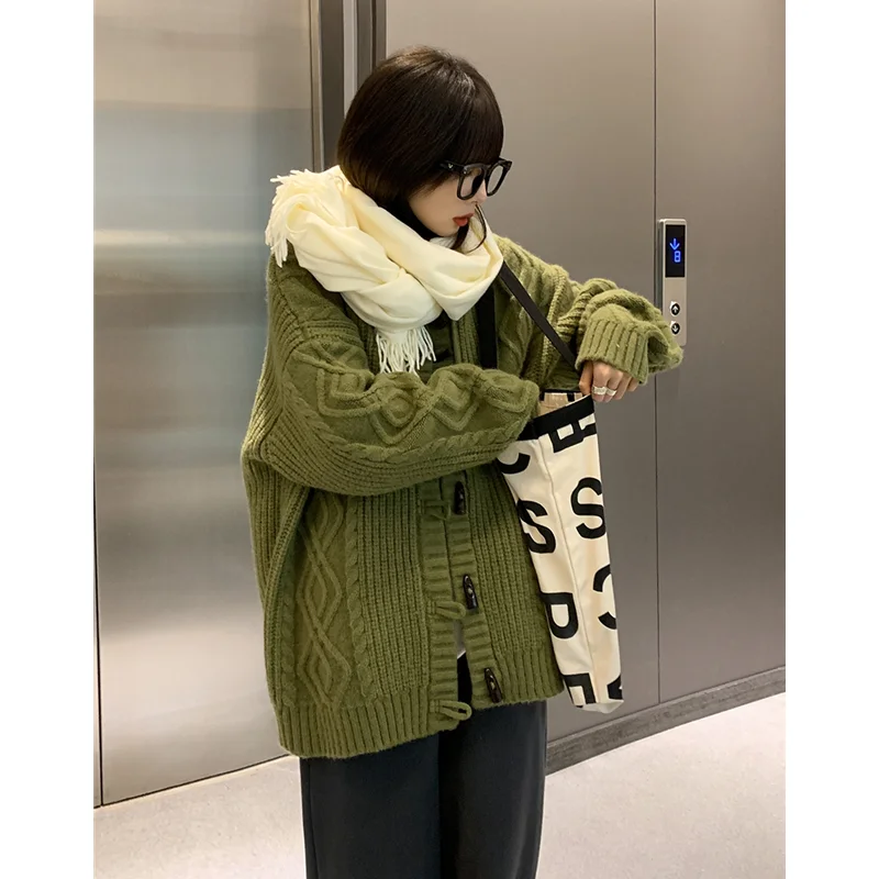 Women Green Cardigan Sweater Outerwear Horn Buckle Korean Fashion Leisure Lazy Wind Winter Knitting Thicken Warm Loose Coat