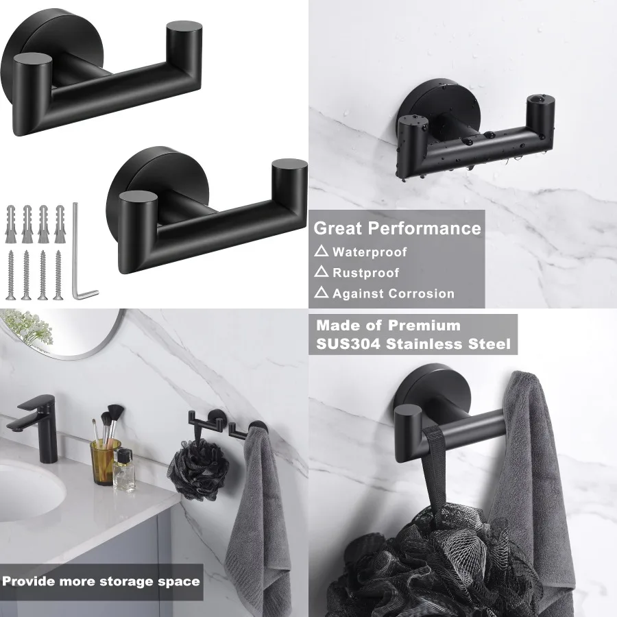 

Matte Black Towel Hooks for Bathrooms and Kitchens: Heavy Duty SUS304 Stainless Steel Wall Mount Hooks Double Towel Holder for
