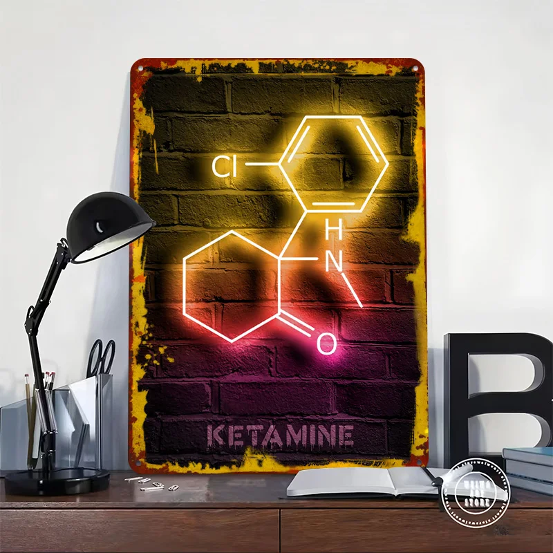 Ketamine Neon Molecule Tinplate Poster Customized Wall Art Vintage Retro Metal Signs for Living Room Decoration Man Cave Decor