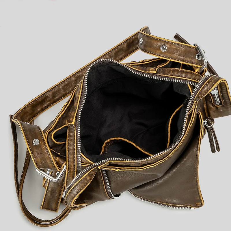 Moto & Biker Bag For Women Luxury Designer Handbag Purse 2024 New In PU Vintage Distressed Craftsmanship Rivet Underarm Shoulder