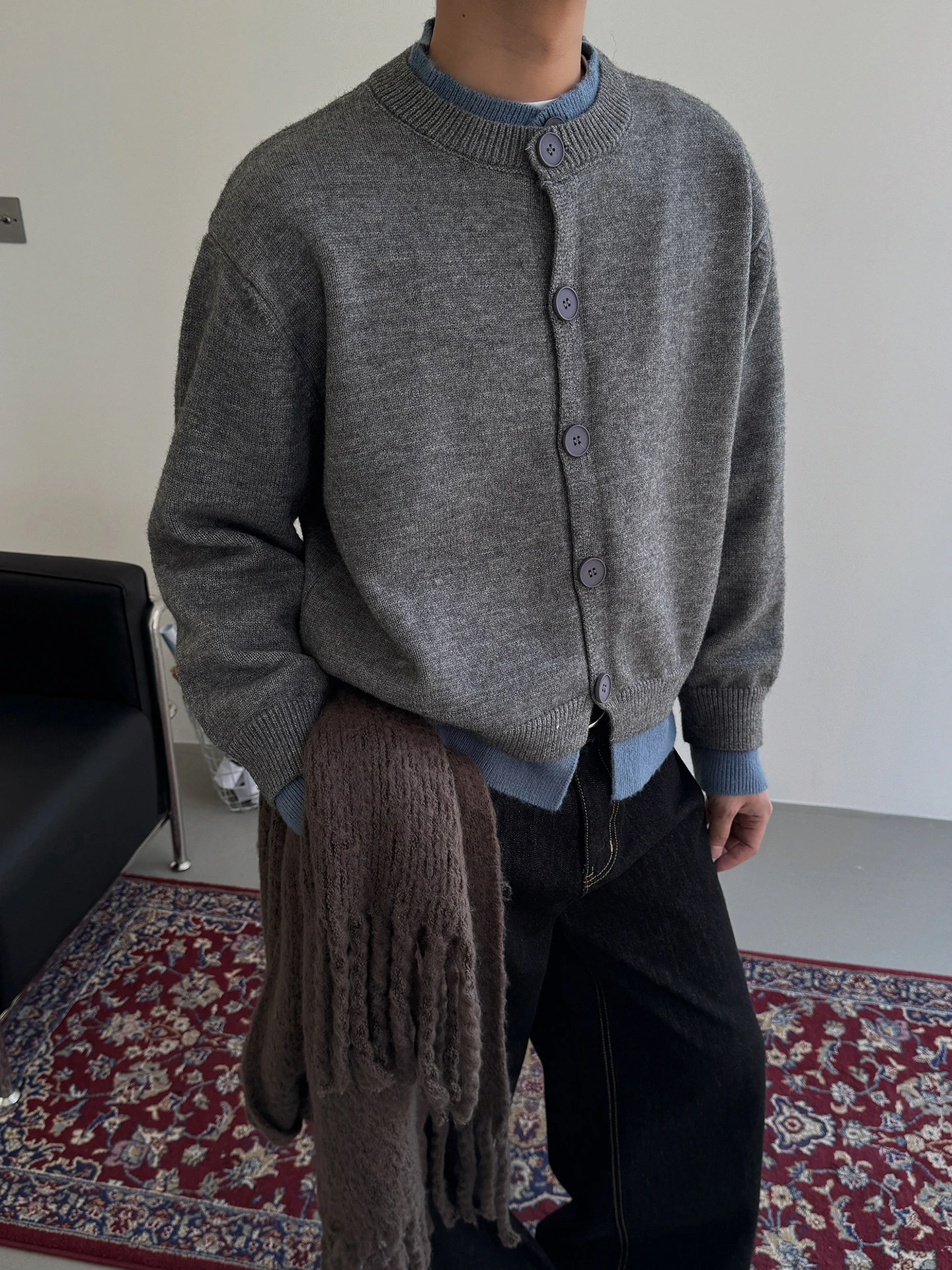 

ay Blue Color Blo Knitwear Cardigan Men's Autumn Winter Loose Fit Vintage Lazy Sle CleanFit Fake Two-Piece Sweater