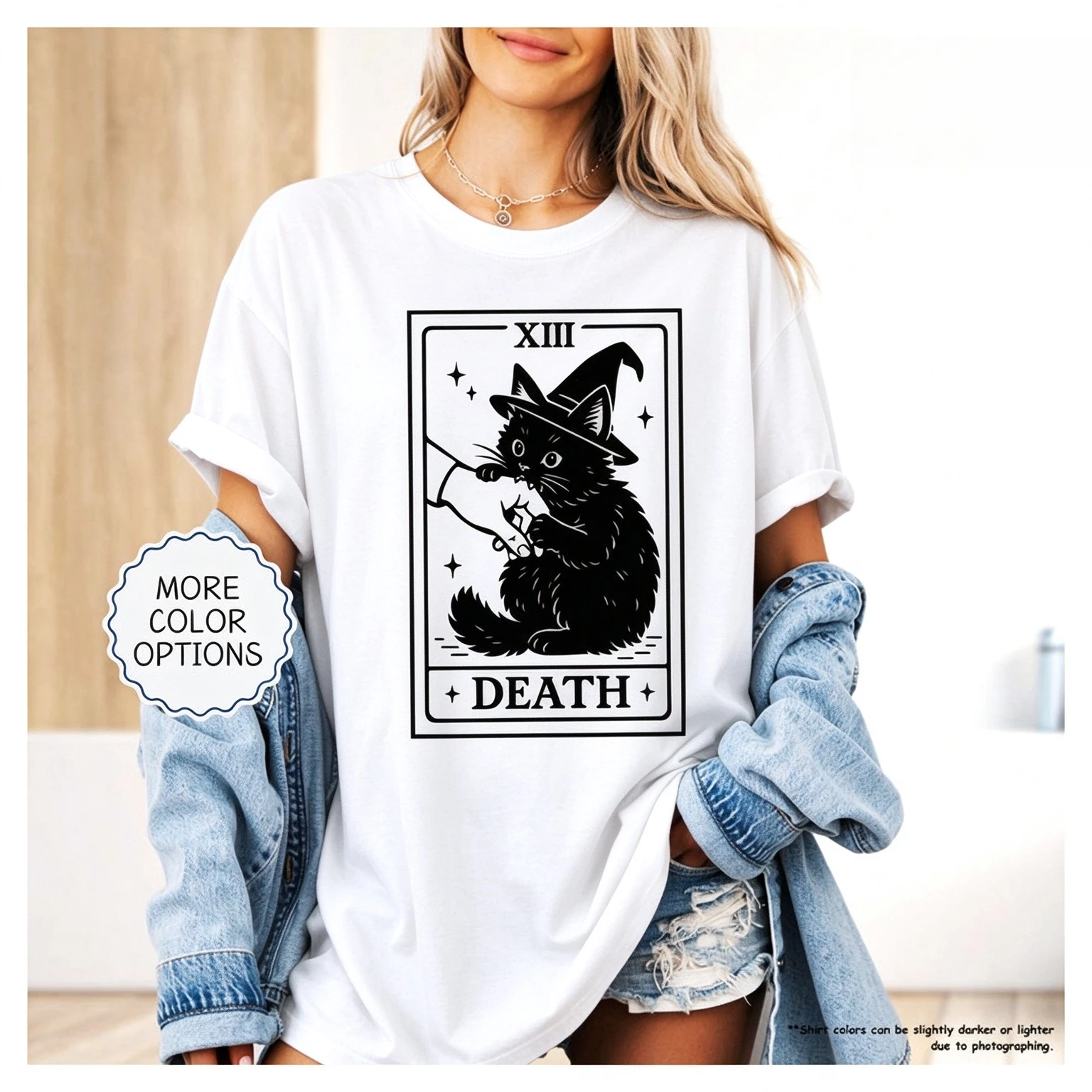 Halloween Black Cat Witch Tarot Card T-Shirt Women Men Cute Spooky Gothic “XIII DEATH” Graphic Tee