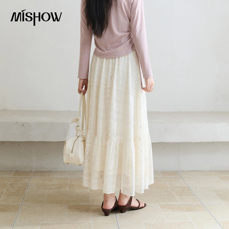 MISHOW High‑Waist A‑Line Midi Skirt 2026 Autumn Jacquard Textured Flowy Ruffle Hem Long Skirt Versatile Elegant Skirt MXF43B2577