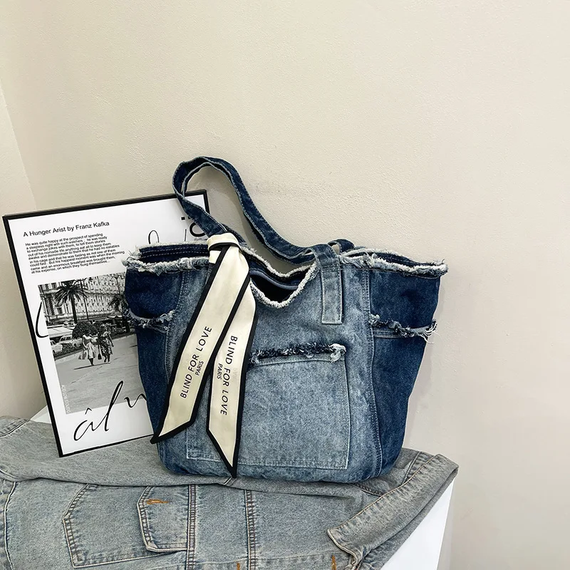 High End Single Shoulder Crossbody Washed Denim Tote Bag, Retro Large Capacity Fashionable Outdoor Armpit Commuting Bag