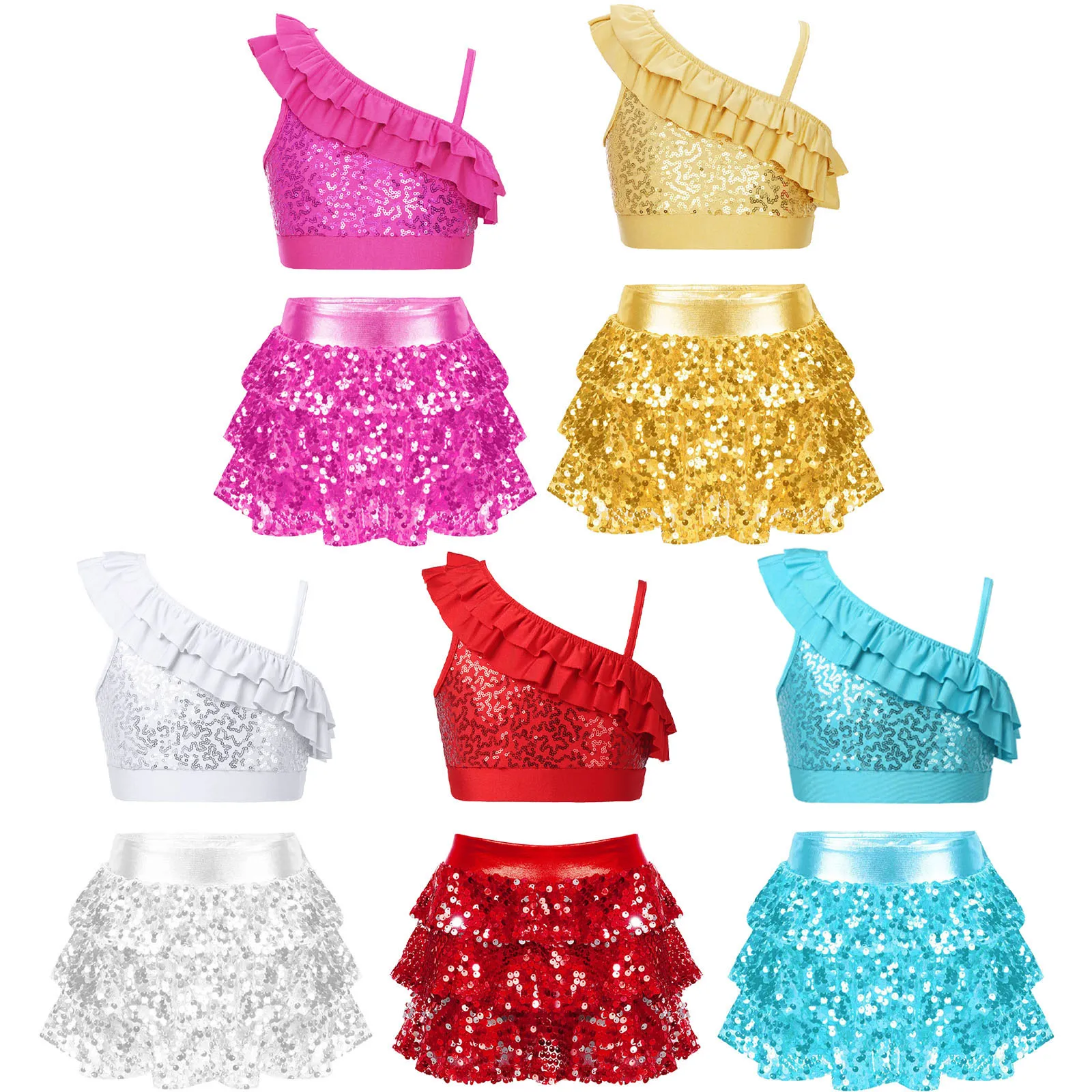 Kinder Mädchen Pailletten Tanz kleid Outfits gekräuselte Crop Tops und Quaste Minirock Performance Tanz kostüme Jazz Latin Dance wear