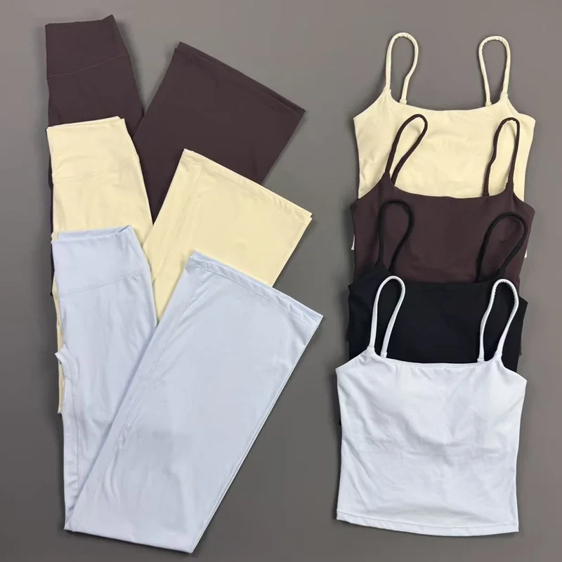 2 Pieces Origin Set Women Sleeveless Square Neck Cami Top High Rise Flared Yoga Pants Soft Stretch Activewear Gym Training Suit