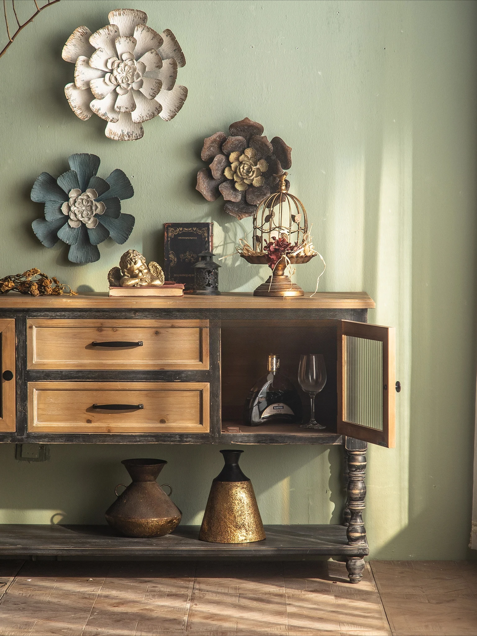 Solid Wood Roman Column Art Side Cabinet Living Room Decorative Wall Side Table