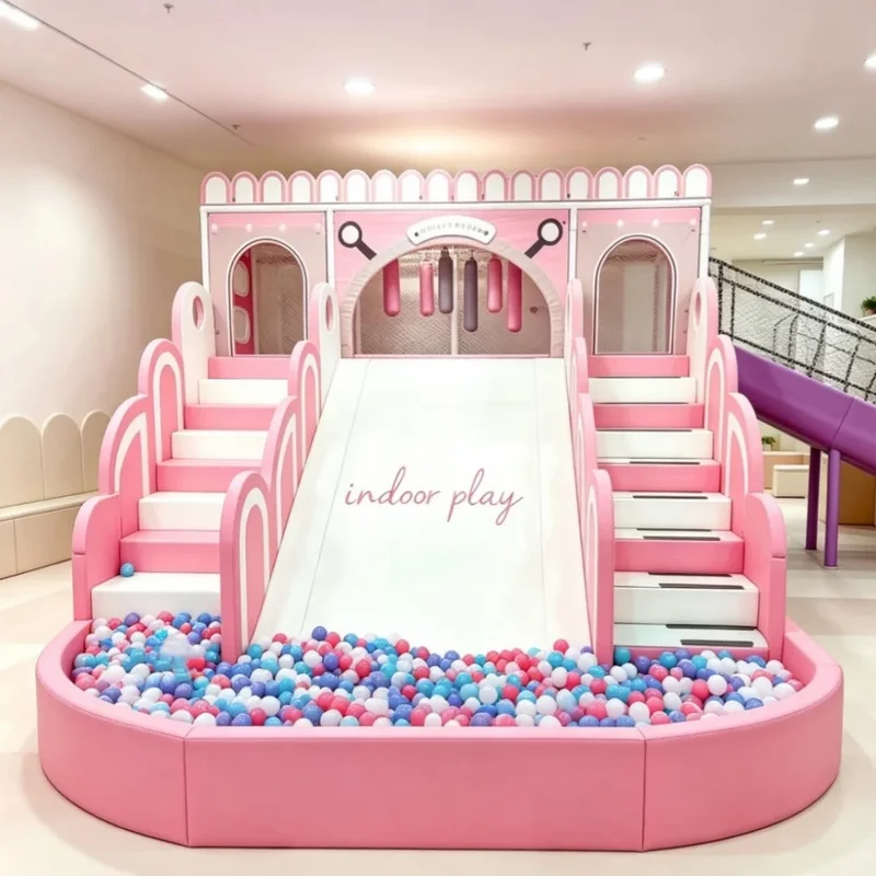 Custom Pink White Toddler Foam Soft Play Castle Indoor Playground Slide Playhouse Ball Pit Set for Baby Party Event Rental