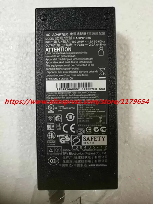 19V 2A 38W AC DC Adapter for Philips AOC I2381F 246E9QJA ADPC1936 276E9QHS 276E9QDS 234E5ES 274E5ES 247E6 LCD Monitor Charger