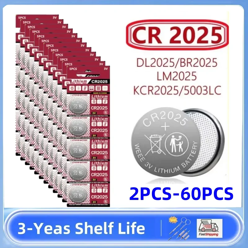 

2PCS-60PCS 3V CR2025 Lithium Button Battery DL2025 BR2025 5003LC LM2025 CR 2025 Coin Cell Watch Batteries for Toys Clock Compute