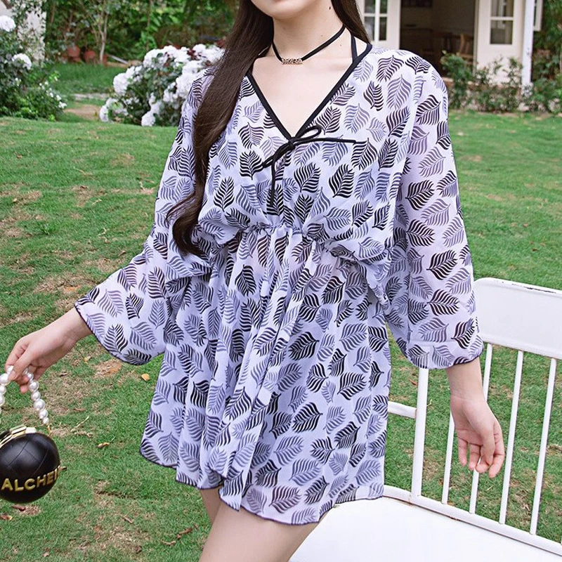 2023 New Plus Size XL-8XL Korean Long Sleeves Women One Piece Swimsuit Swimwear Women's Skirt Swimsuit Slim Elegant Bathing