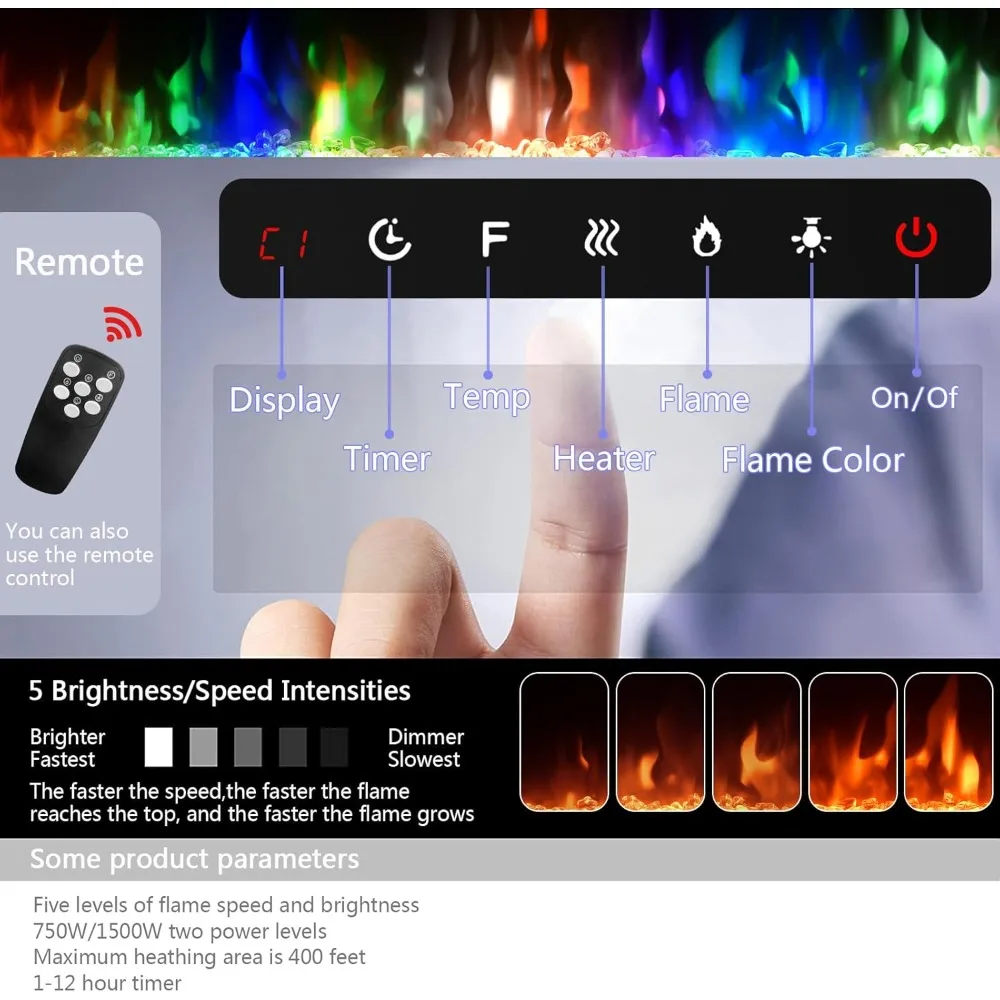 80 inch Ultra-Thin Electric Fireplace Recessed and Wall Mounted with Touch Screen Control Panel, Realistic 5 Flame