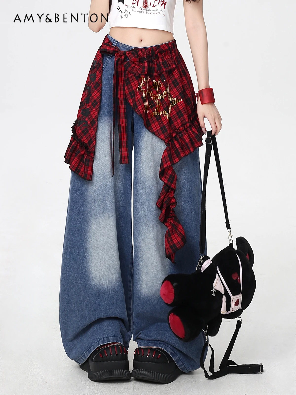 

American Street Plaid Apron Jeans Two-piece Cargo Pants Women Punk Style Sweet Cool Girl High Waist Slim Wide Leg Pants Summer