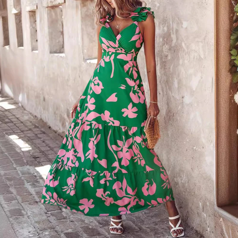 

Summer Pattern Print High Waist Long Dress Female V Neck High Waist Sling Slim Dress Fashion Vacation Beach Pleated A-line Dress