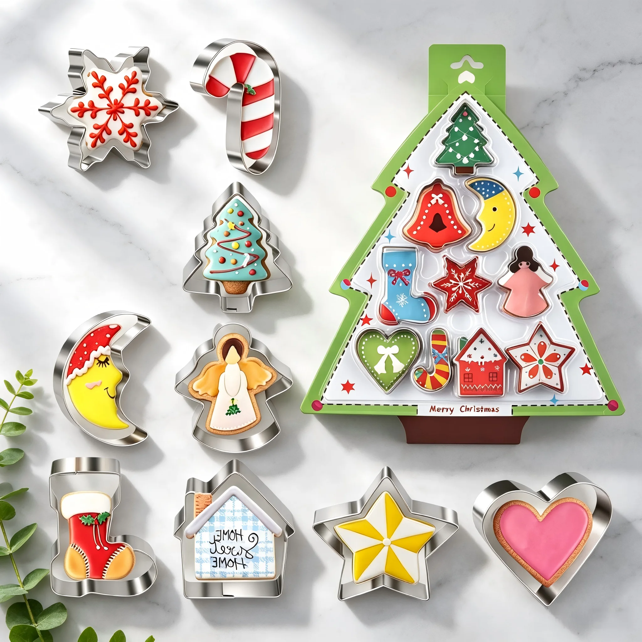 10PCS Christmas Cookie Cutter Set Stainless Steel Snowflake Cane Tree Star Heart for Baking Biscuit Xmas Holiday Party Gift