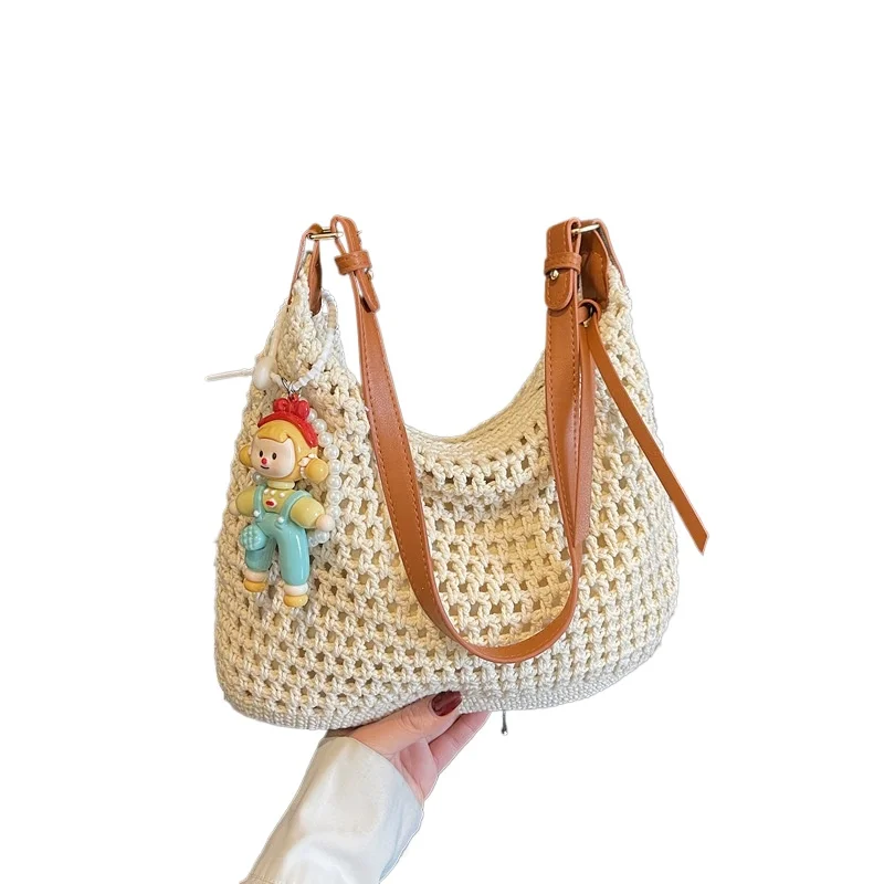 

ALIDI S C Women's Crochet Tote Bag Hollow Woven Shoulder Bag with Leather Strap Casual Summer Beach Hobo Handbag for Vacation