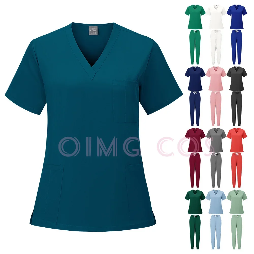 Solid Color Scrub Set Doctor Nurse Work Uniform Surgical Clothes Operating Room Jogger Pants Hand Wash Suit Pet Hospital