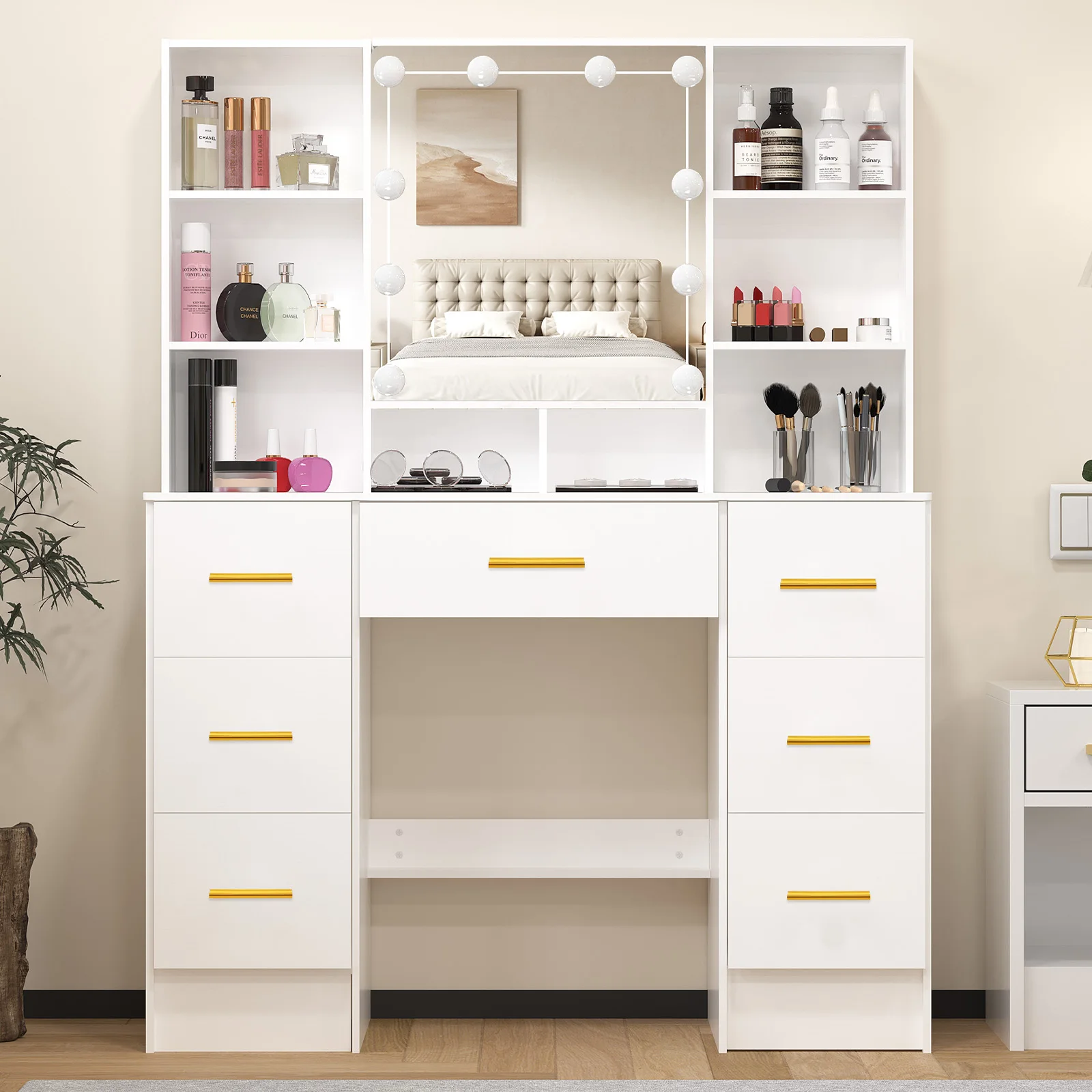 Large LED Lighted Makeup Vanity Desk with Mirror, 7 Drawers Dressing Table Storage Organizer, Modern Bedroom Furniture for Women Girls