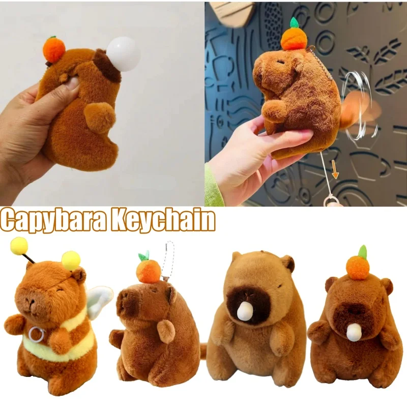 Stuffed Animal Capybara Keychain Plush Toy with Bubble Popping Tail Wagging Cute Key Ring for Bag Backpack Purse