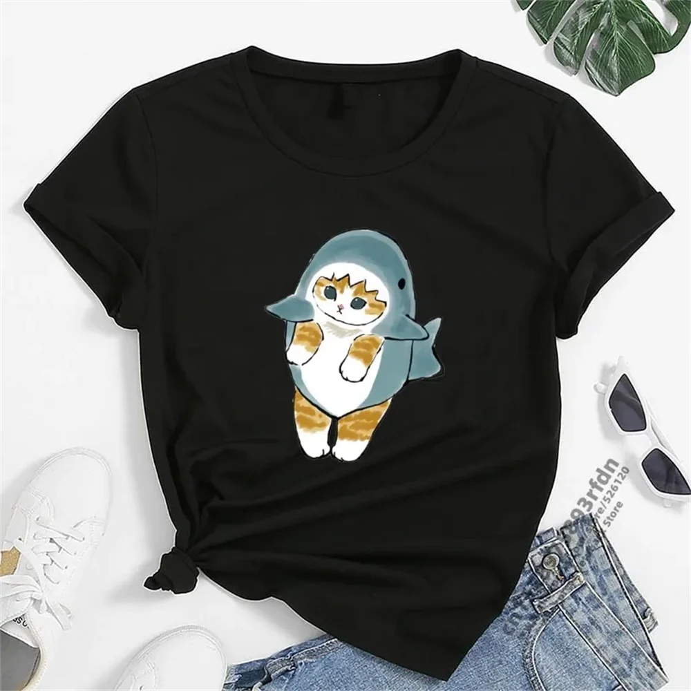 Women T-shirt Cute Shark Cat Funny Cartoon T-shirt Harajuku Graphic Ulzzang T-shirt 90s Print T-shirt Fashion Aesthetic Top Tee