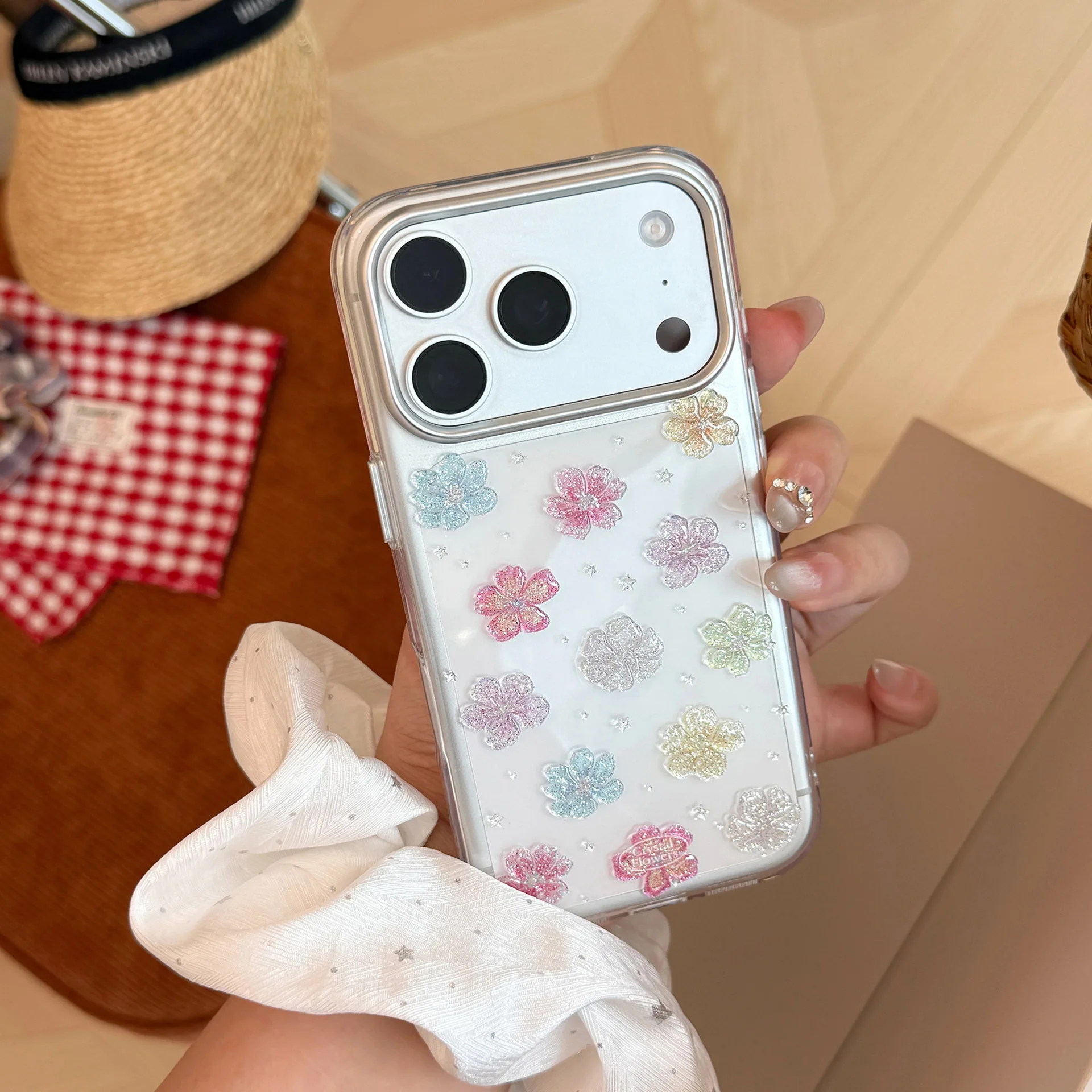 Glitter embossing Flowers gentle Shiny Clear Phone Case for iPhone 18 17 16 15 14 13 Pro Max Cute Sweet Cartoon shockproof Cover