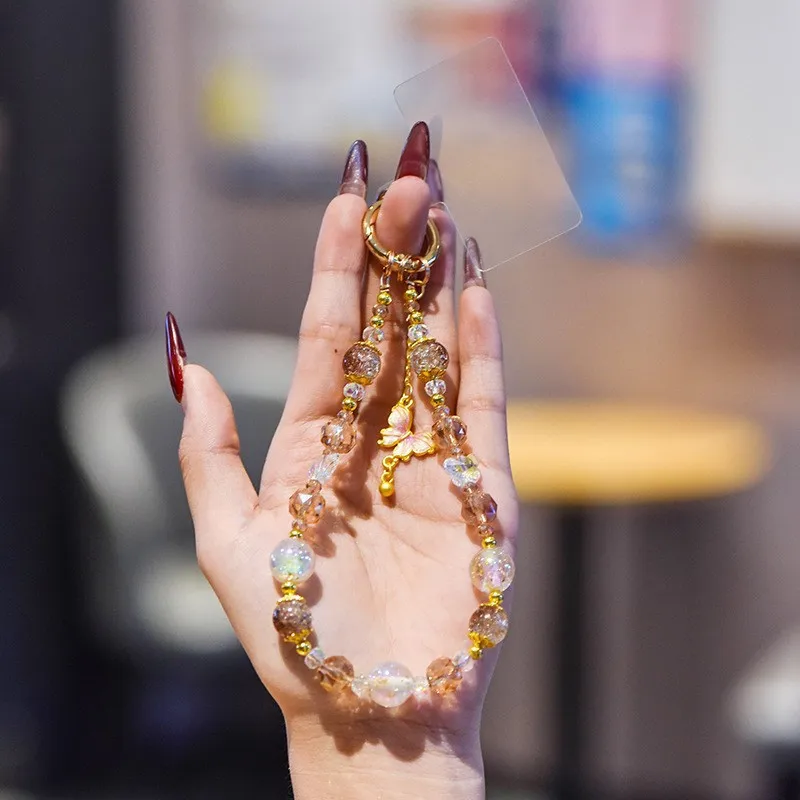 اليدوية حبة قصيرة الهاتف المعصم سلسلة الذهب احباط عقد بحلية متدلية على شكل فراشة ضوء فاخر كريستال الهاتف الحبل لمنع فقدان العالمي