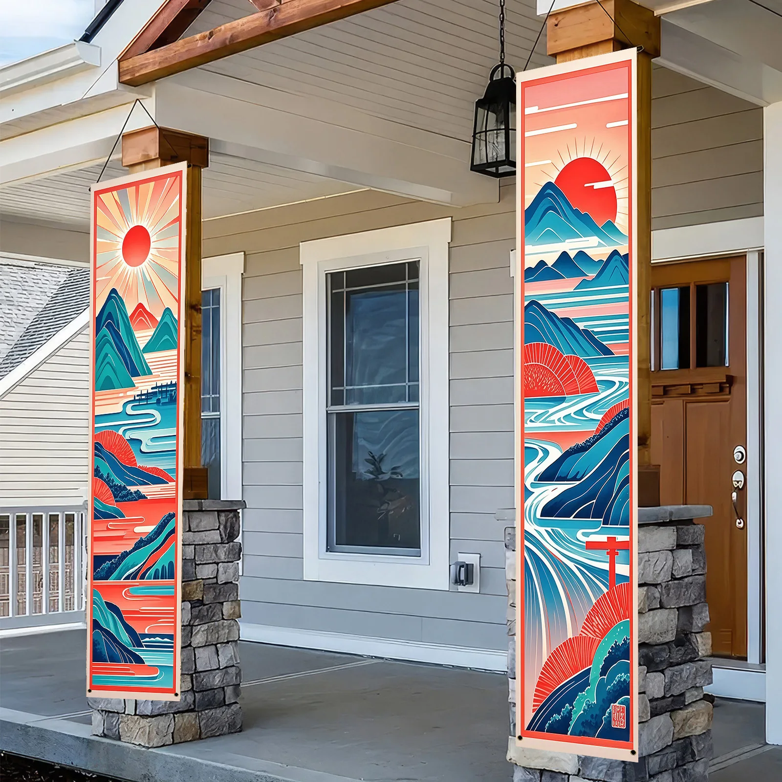 زوج واحد من أعلام الزوجين لتزيين الحفلات اليابانية، لافتة شرفة ترحيب عائلية - تصميم توضيحي كرتوني، #6