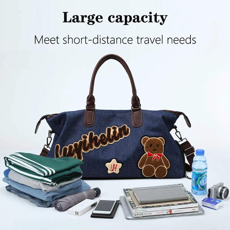 Women's Travel Luggage Bag Cute Bear Duffle Bag With Shoulder Strap,Independent Shoe Position For Fitness Sports Short Trip