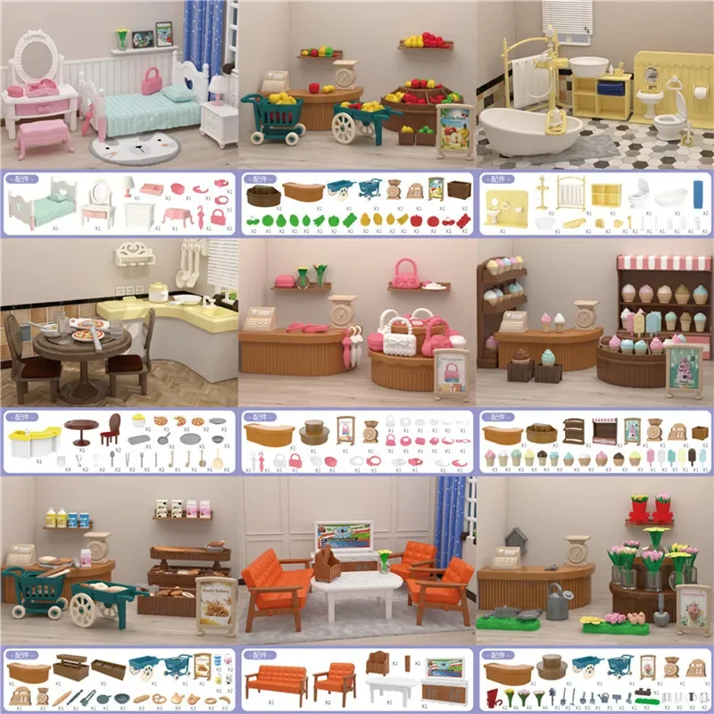 Dollhouse DIY Mini Furniture Set Bedroom Kitchen Miniature Bathroom Accessories Shops Fancy Toys OB11 BJD Doll House Accessories