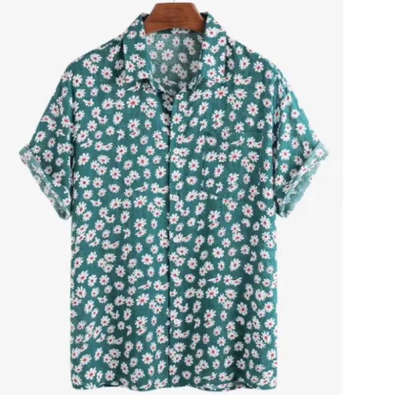 2025 Summer New Japanese Fresh and Super Hot Daisy Short sleeved Flower Shirt Men's Casual Fashion Trendy Pattern Loose Shirt