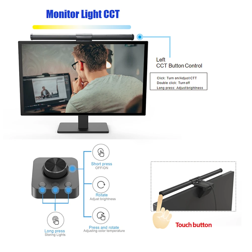 Wiscolor  Computermonitor-Lichtleiste mit Fernbedienung für mehrere Bildschirme, USB-betrieben, E-Reading LED-Hängelampe für Büro/Haus, Helligkeits-/Farbtemperatur-Einstellung