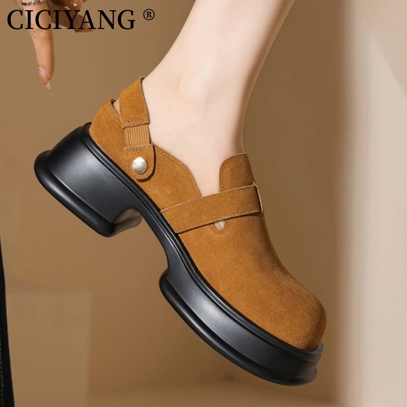 

CICIYANG Genuine Leather Thick Soled Bucken Shoes Women 2024 Autumn New Round Head Soft Soles Half Slippers Retro Mary Jane Shoe