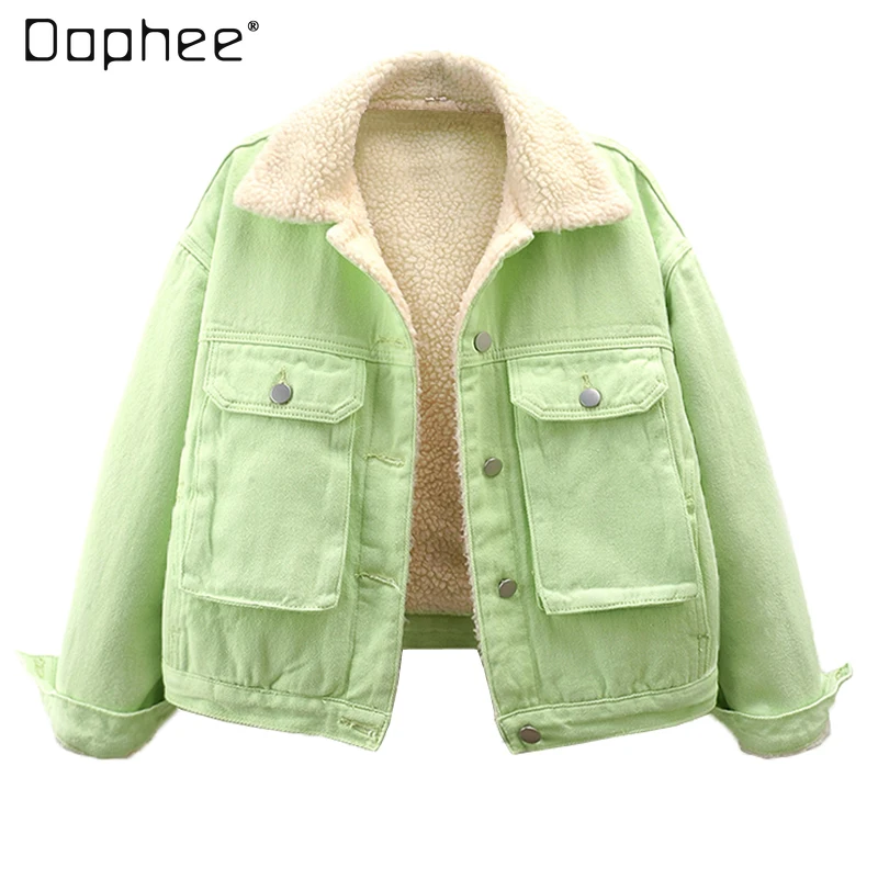 

Streetwear Stitching Lamb Wool Green Denim Coat for Women 2023 Autumn and Winter New Woman Short Warm Thickened Fleece Jacket