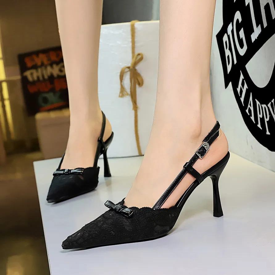

2026 New Style Sexy Lace Pointed Toe Bowknot Stiletto High Heels Women's Slingback Sandals Elegant Style Party Wedding Shoes