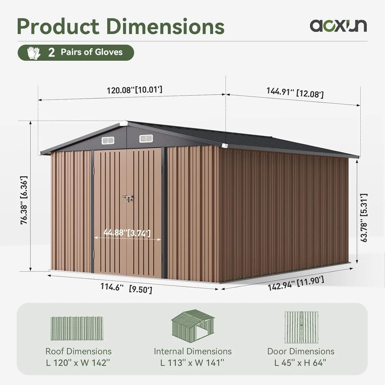12 x 10FT Outdoor Storage Shed with Double Hinged Large Door, Brown | Metal Sheds Outdoor Storage for Garden Utility, Custom - view 2