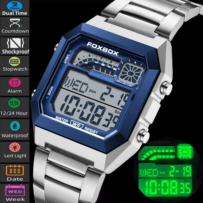 

FOXBOX новые роскошные ретро цифровые спортивные часы для мужчин квадратные водонепроницаемые мужские наручные часы из нержавеющей стали светодиодные электронные часы