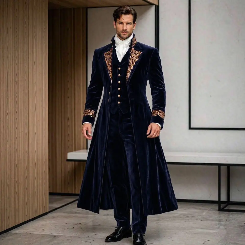 Men Burgundy Velvet 3 Piece Suit Gold Embroidery X-Long Tuxedo Separates Luxury Vintage Prom Gala Wedding For Formal Events