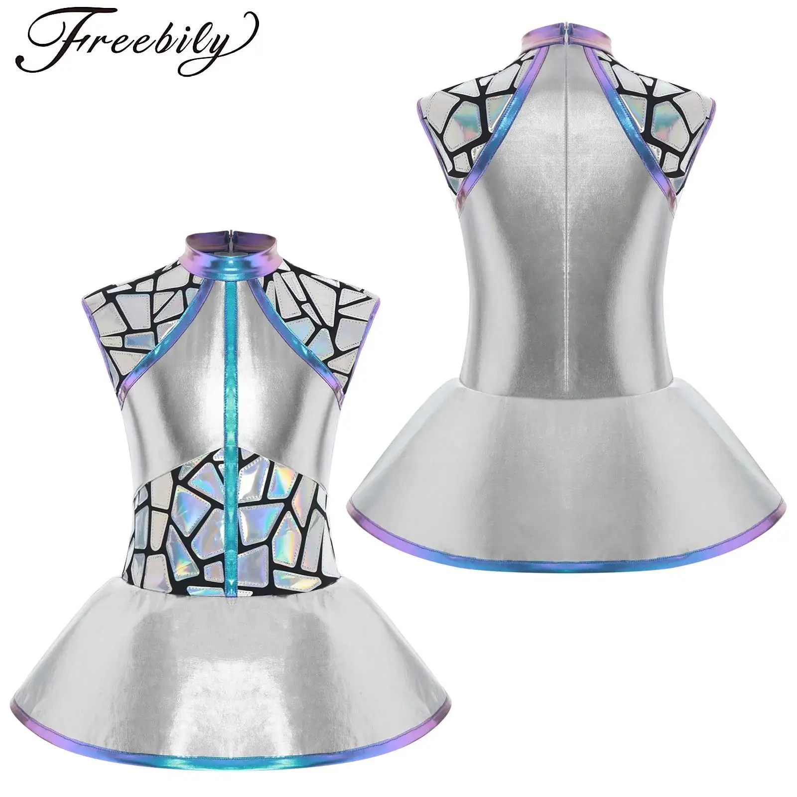 

Girls Alien Costume Sleeveless Shiny Metallic Tutu Dress Gradients Sequin A Line Dress Halloween Cosplay Outerspace Cutie Dress