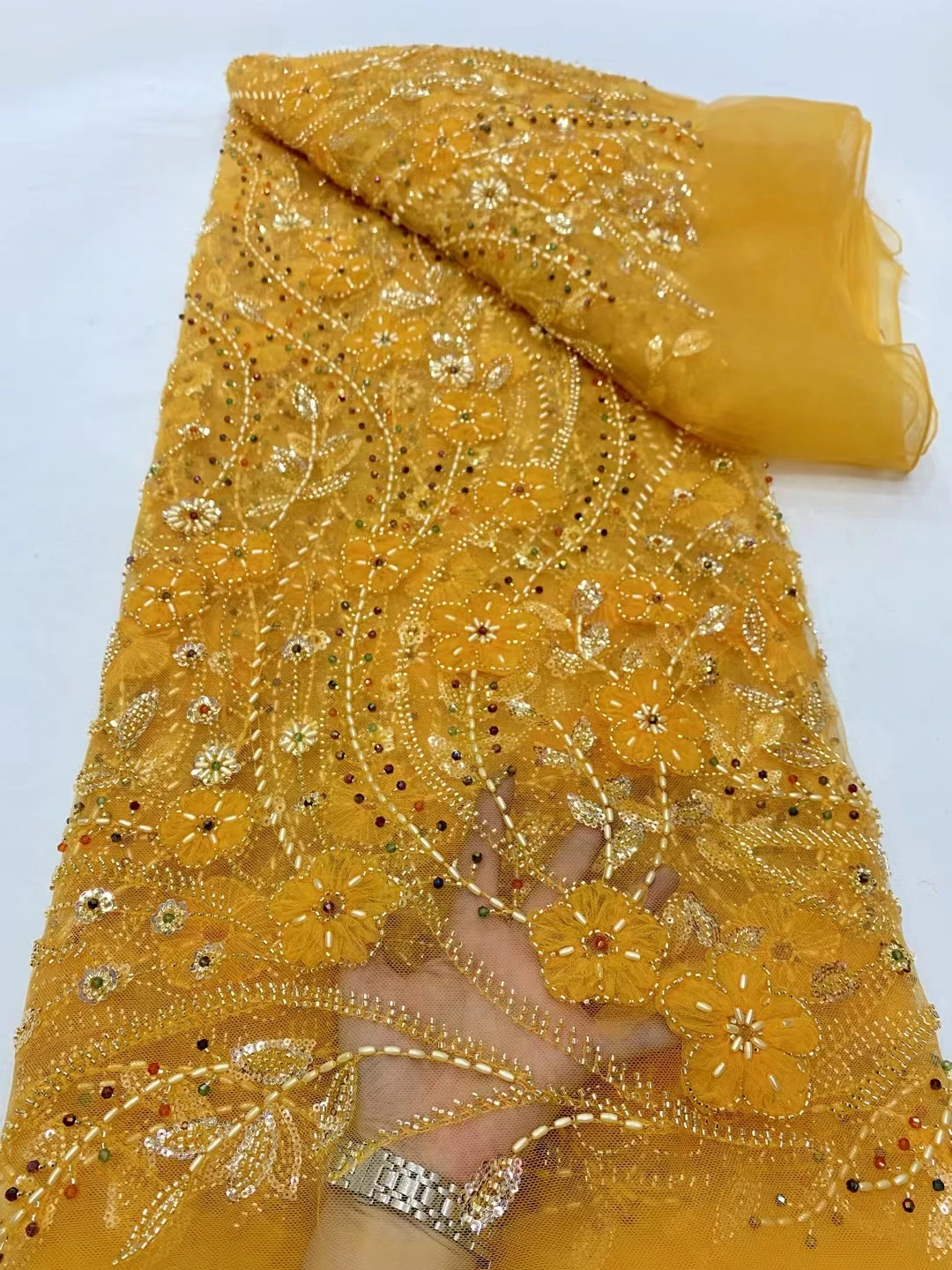 Luxurious Yellow Beaded African Sequins Lace Fabric 2024 High Quality Tube Beads French Lace Fabric For Party Dress Sew KDP24136