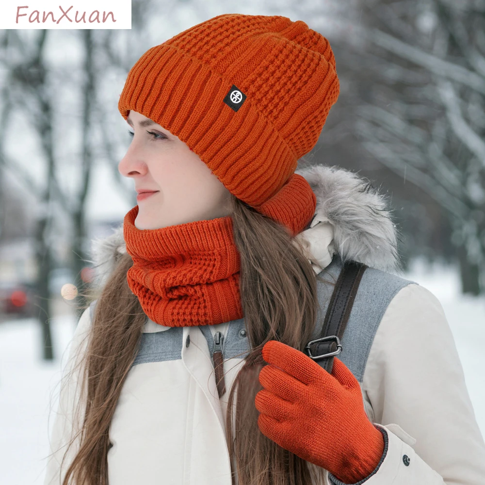 3pcs Winter Hats Scarf Gloves Set for Women Thick Plush lining double layers Beanies Snood Set Female purple orange green blue