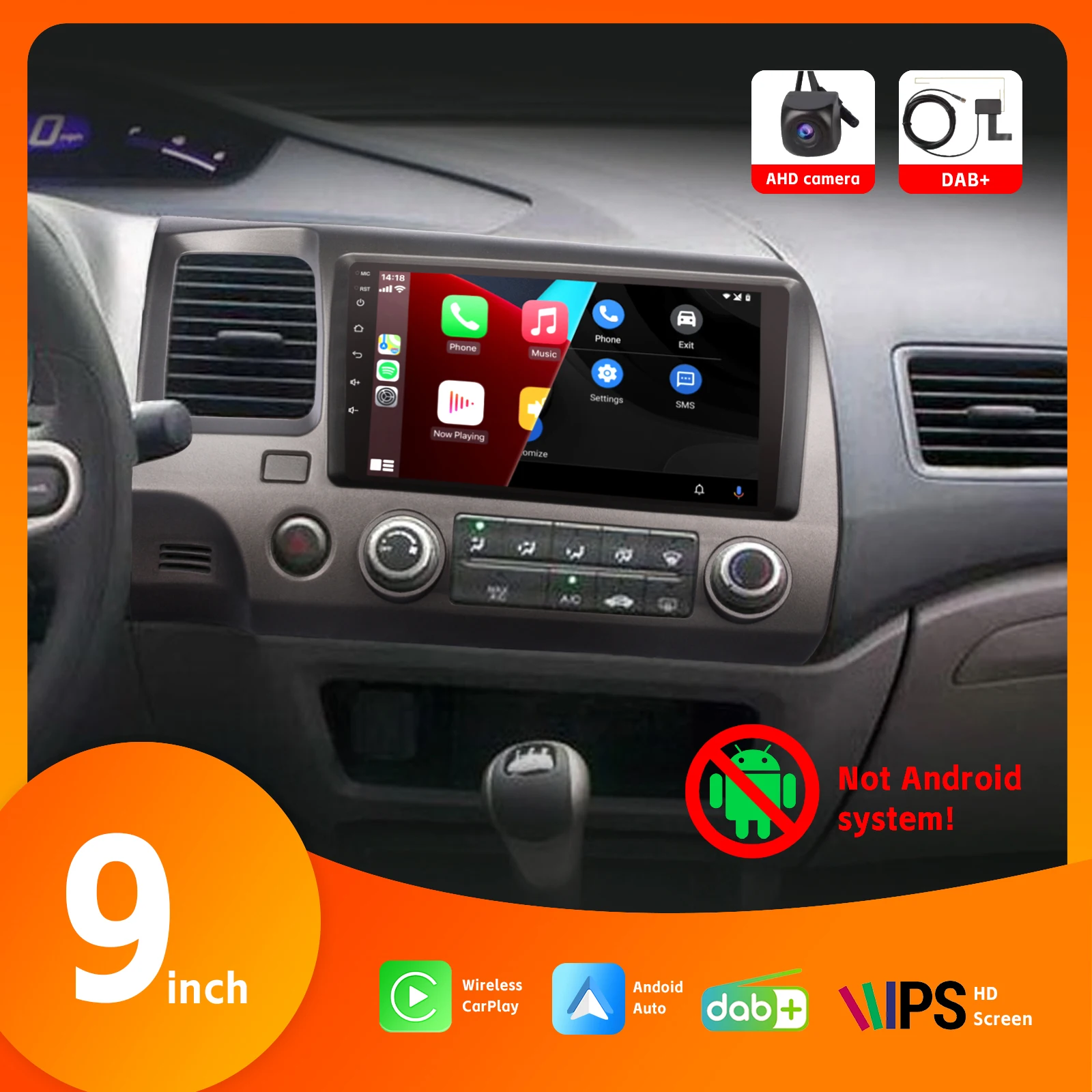 

9" Car Radio HD IPS Touch Screen DAB+ Wireless Carplay Android Auto AHD Rear View Camera SWC Bluetooth for Honda Civic 2006-2011